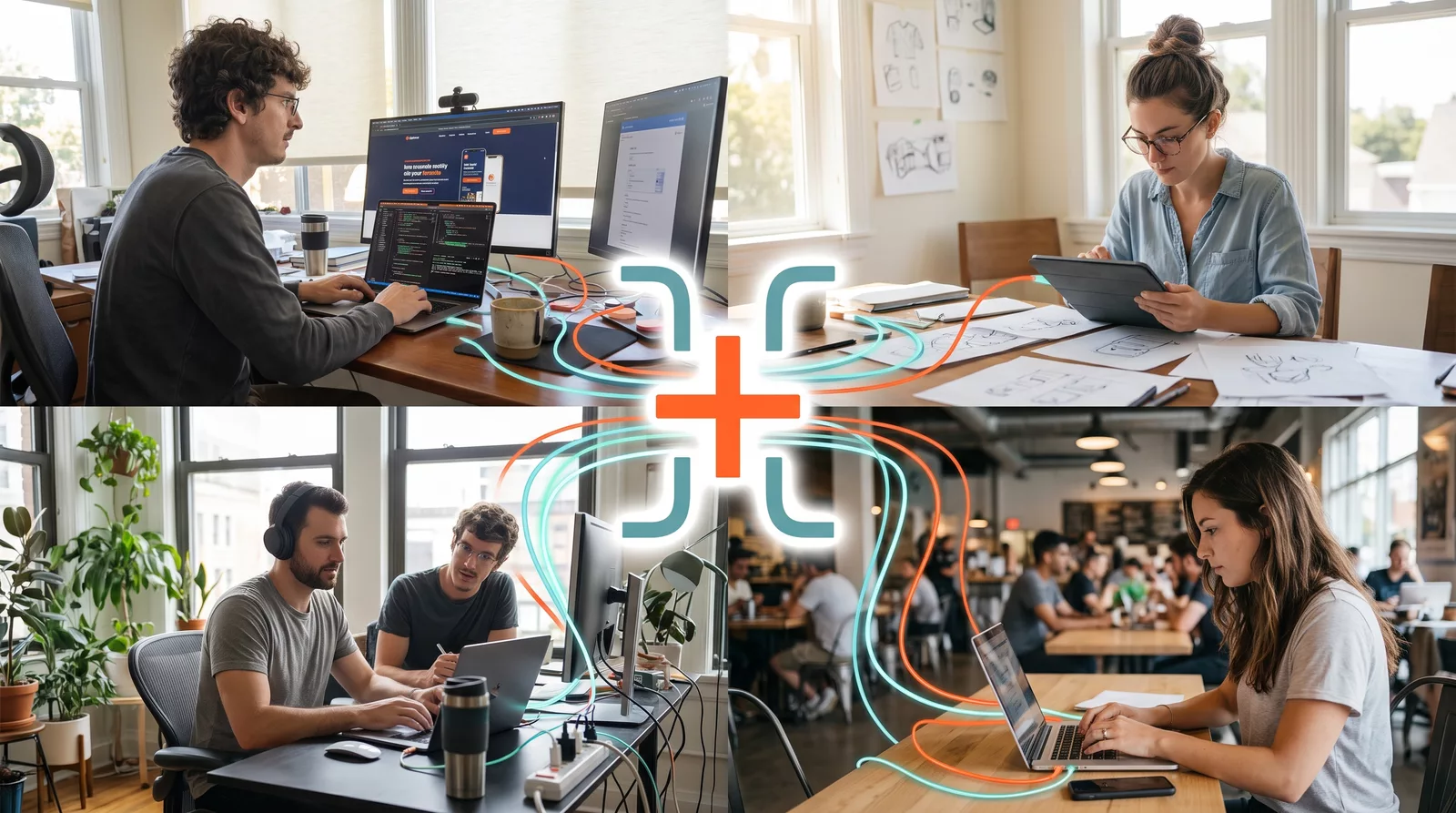 Four people working on laptops and tablets in different spaces, their screens linked by glowing orange and teal lines meeting at a central plus sign.